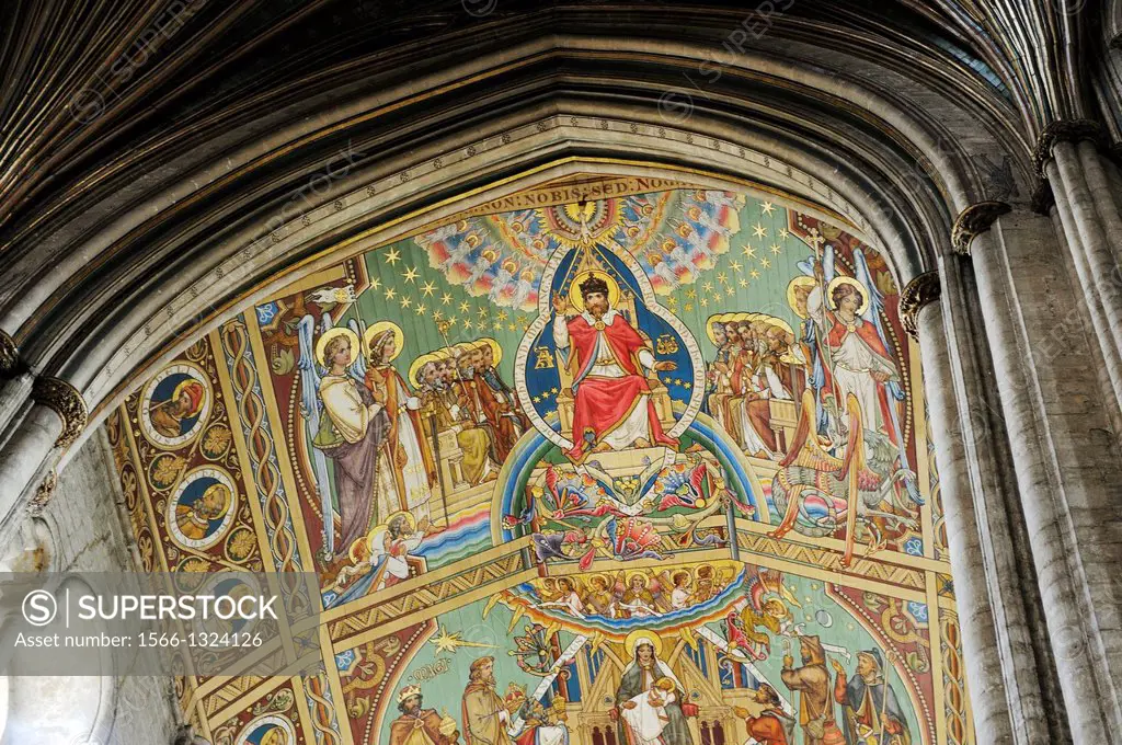 Ely Cathedral, Cambridgeshire, England. Painted Nave ceiling, a Victorian restoration, shows ancestry of Jesus from Adam and Eve.