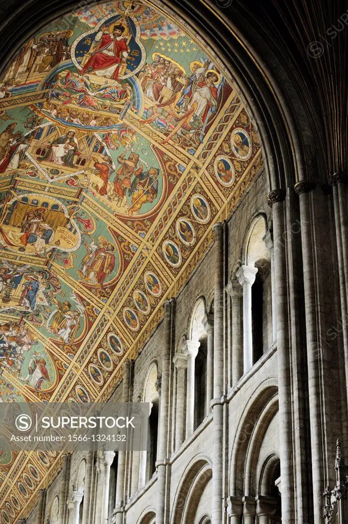 Ely Cathedral, Cambridgeshire, England. Painted Nave ceiling, a Victorian restoration, shows ancestry of Jesus from Adam and Eve.