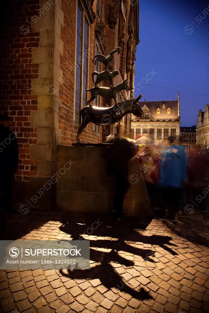 Statue of the Bremen Town musicians at night. Bremen, Gremany, Europe.