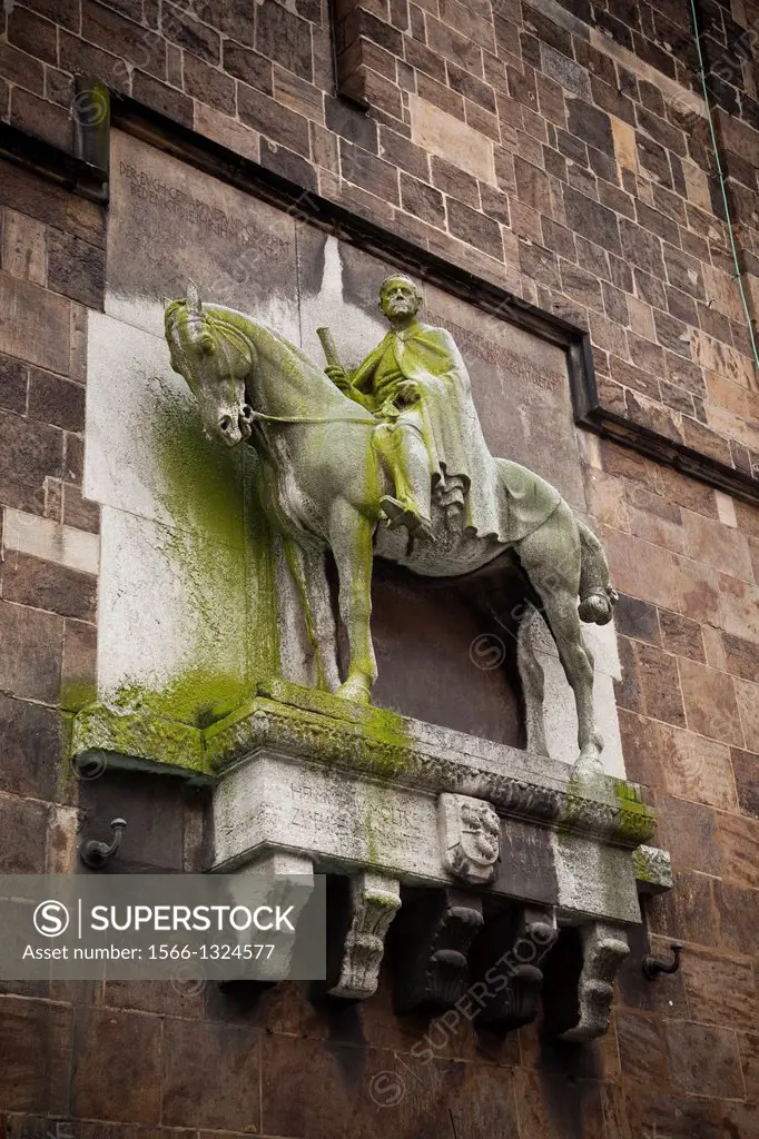 Equestrian statue on the facade of the Church of Our Lady. Bremen, Germany, Europe.