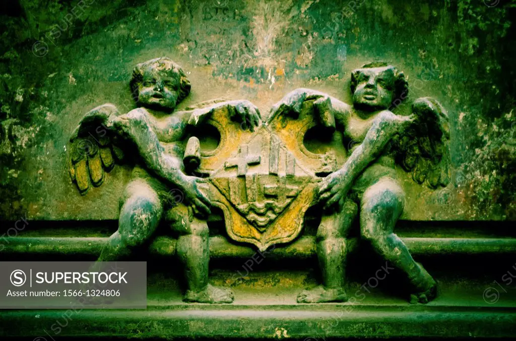 Shield of the church of Santa Maria del Mar escorted by two angels. This can be seen on the east side of the church, below the image of Santa Maria. P...