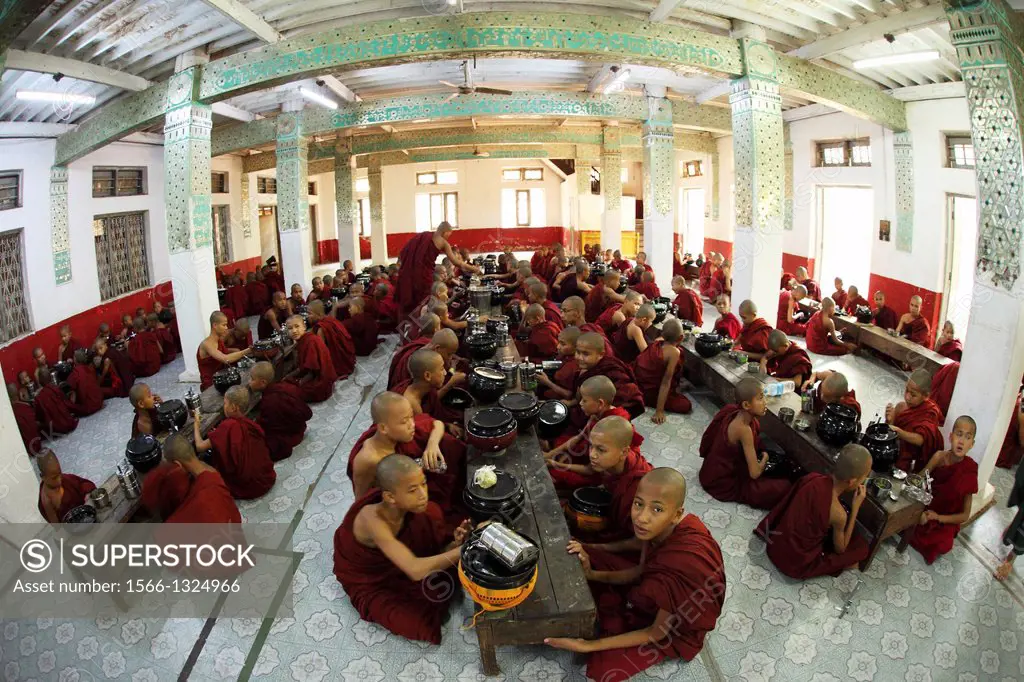 Monks having lunch in their monastery, burman novice, Myanmar, Burma, Asia