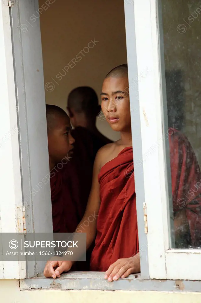 A young novices looking out of a window, Burma