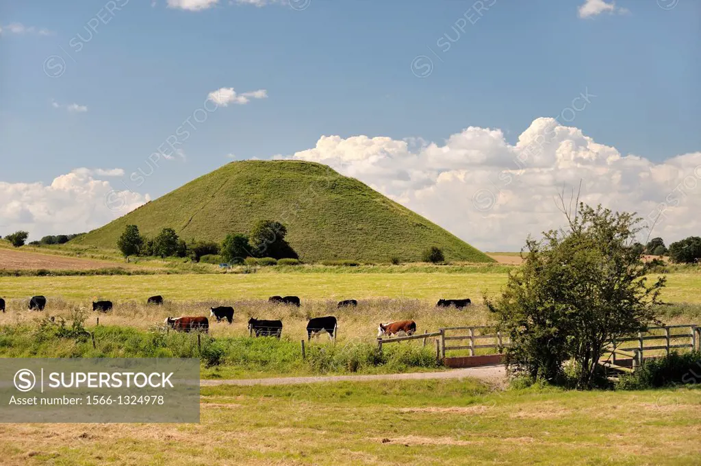 Silbury Hill artificial Neolithic prehistoric chalk mound outside village of Avebury, Wiltshire England. 4750 years old 40m high.