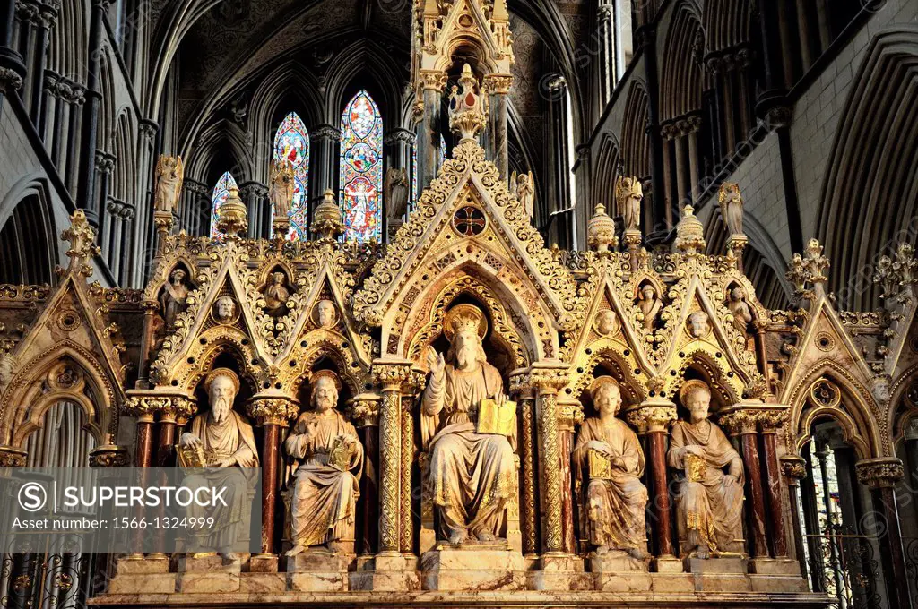 Worcester Cathedral, England. Intricate carving of the High Altar before the East Window.