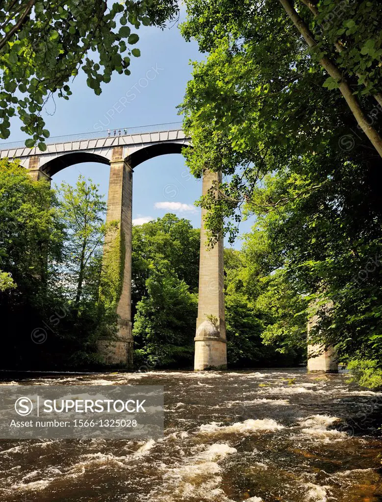 Pontcysyllte Aqueduct finished 1805 carries canal boats on Llangollen Canal over the River Dee valley near Wrexham, Wales, UK.