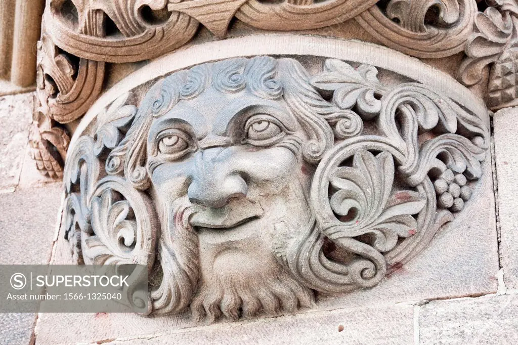 Carved stone face on bridge support, Sudbrucke (South Bridge) Railway crossing, Cologne, Rhine-Westphalia, Germany.