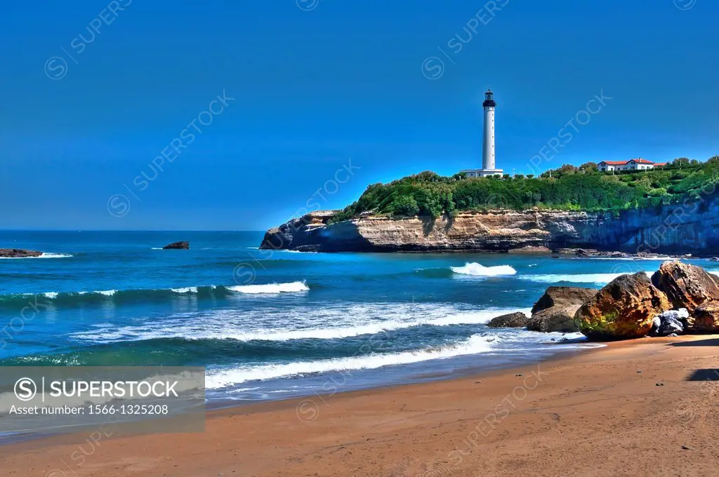 The large beach and the Lighthouse of Biarritz, Basque Coast, Biarritz, Aquitaine, Basque Country, Pyrenees-Atlantiques, 64, France.