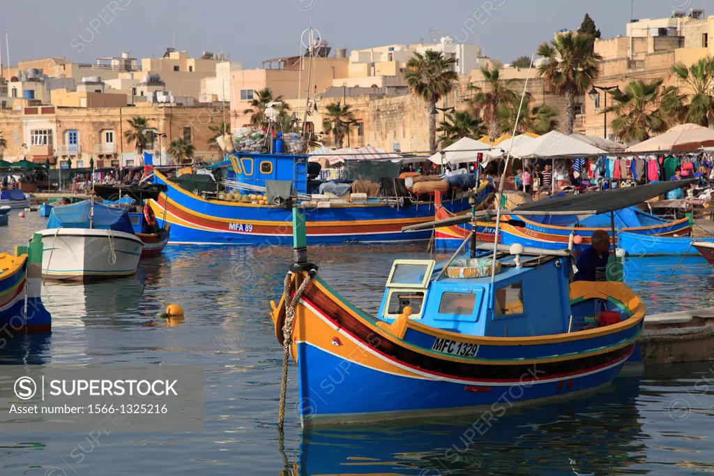Malta, Marsaxlokk, fishing village, fishing boats, harbour,.