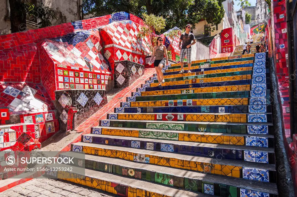 Escalaria Selaron is a popular stairway climbing Morro di Curvela, Lapa district, Rio de Janeiro, Brazil