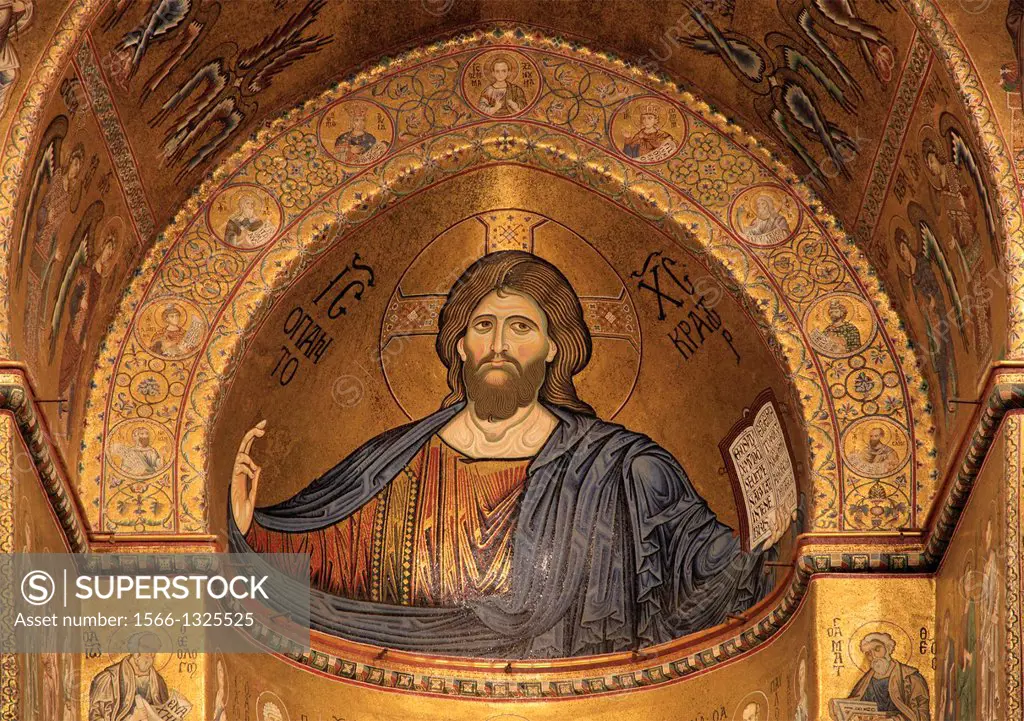 Italy, Sicily, Monreale, Duomo, Cathedral, interior, mosaics, Christ Pantocrator,.