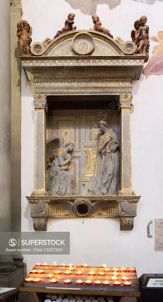 Florence, Tuscany, Italy. Santa Croce Basilica. The Virgin and the Angel by Donatello.