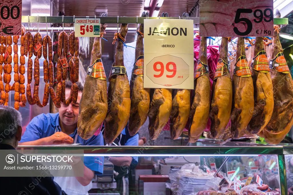 Hi quality cured hams, Jamon Iberico, in the Mercardo de Maravillas, one of the largest food markets in Europe. Calle Bravo Murillo, Cuatro Caminos, M...