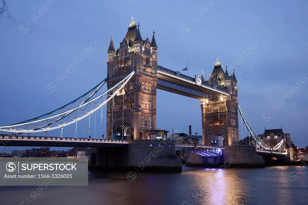 Tower Bridge on the river Thames at night, London,England
