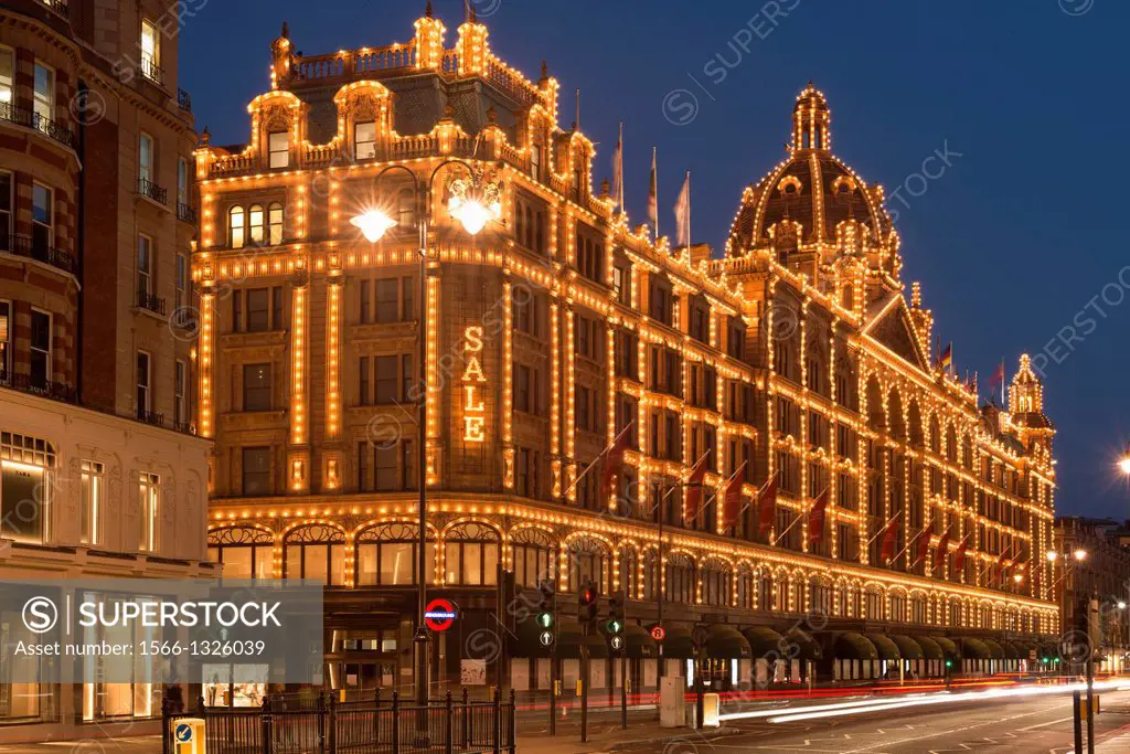 Knightsbridge ,Harrods Department store at night,South Kensington,London,England.