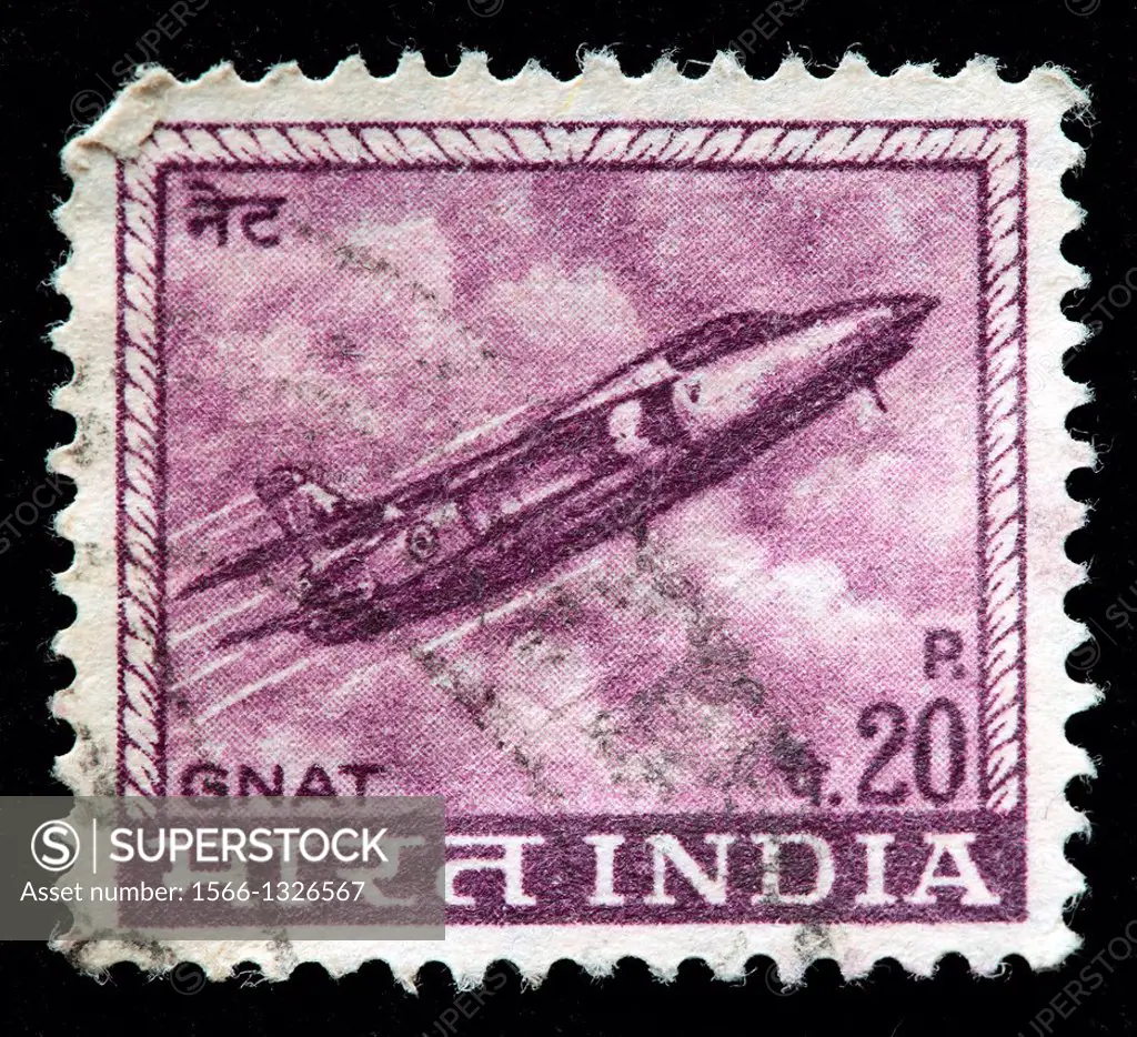 Gnat plane, postage stamp, India, 1965