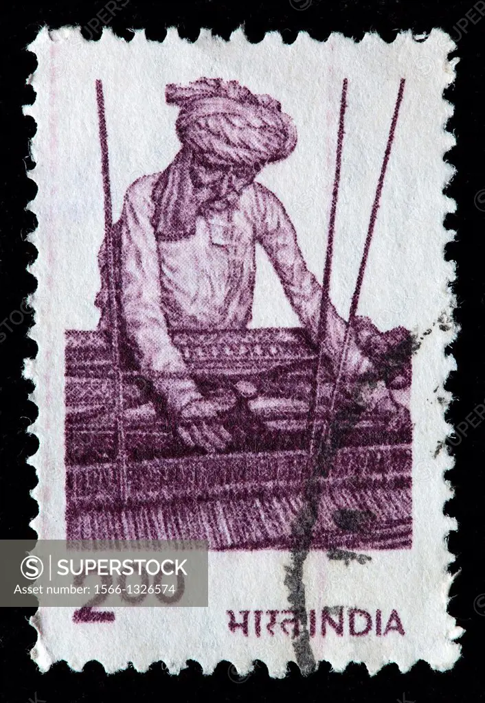 Worker weaving, postage stamp, India, 1979