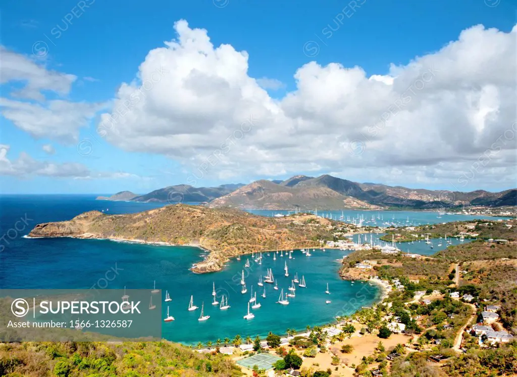 West over English Harbour and Nelson´s Dockyard from Shirley Heights on the south coast of Caribbean island of Antigua.