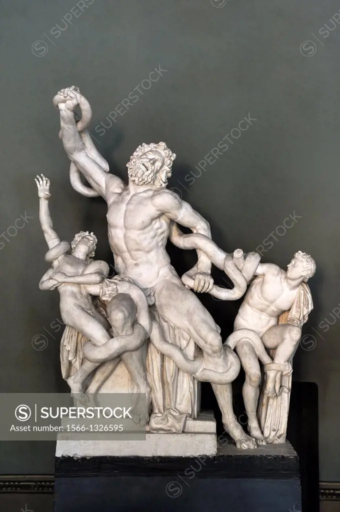 Copy of sculpture of Trojan hero Laocoon and his sons fighting serpents. Carrara marble. Rocca Castello museum, Carrara, Italy.