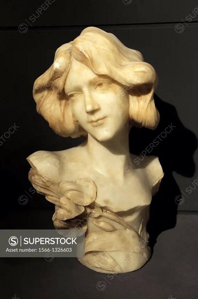Ancient Etruscan hilltop town of Volterra, Tuscany, Italy. Famous for quality alabaster work. Head of young woman.