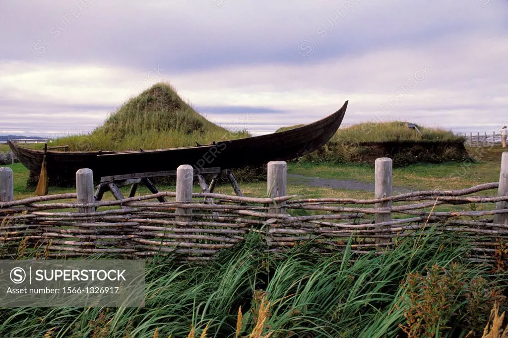 CANADA, NEWFOUNDLAND, L'ANSE AUX MEADOWS NHP, REPLICAS OF NORSE HOUSES FROM 1000 YEARS AGO.