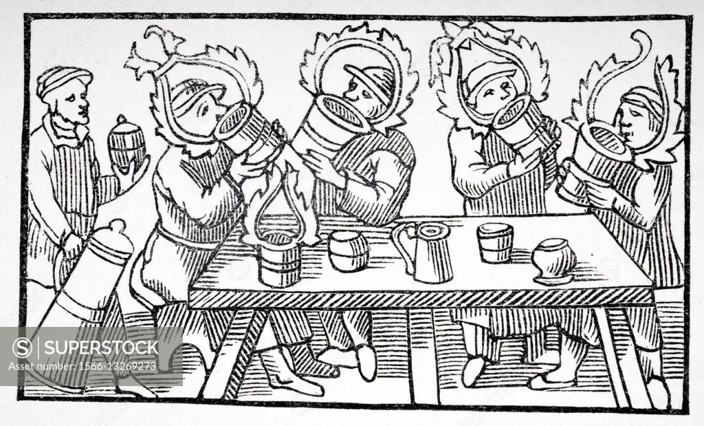 The Great Drinkers of the North. Facsimile of woodcut from Histoires des Pays Septentrionaux by Olaus Magnus circa 1560.