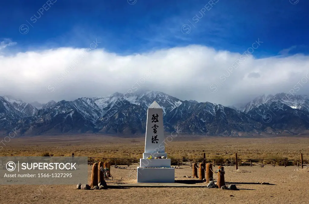 Memorial at the Japanese cemetery with Sierra Nevada Mountains in the background, Manzanar National Historic Site, Independence, California.