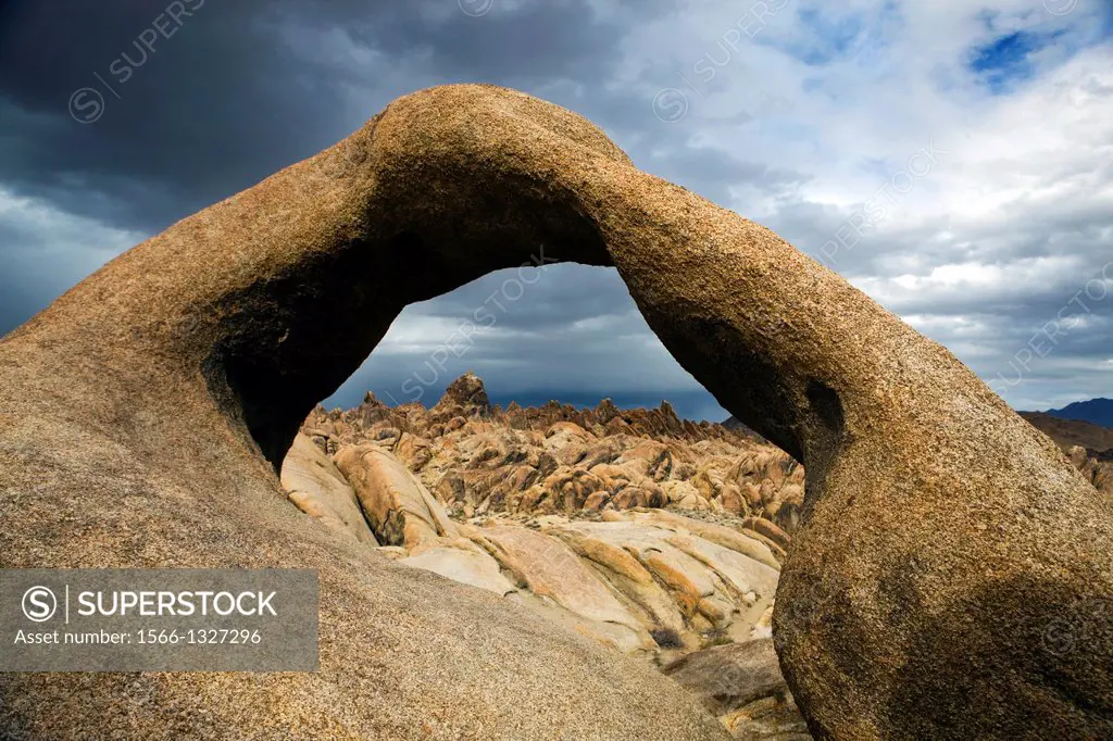 Arch looking through to rock formations, Alabama Hills Recreation Lands, Lone Pine, California.