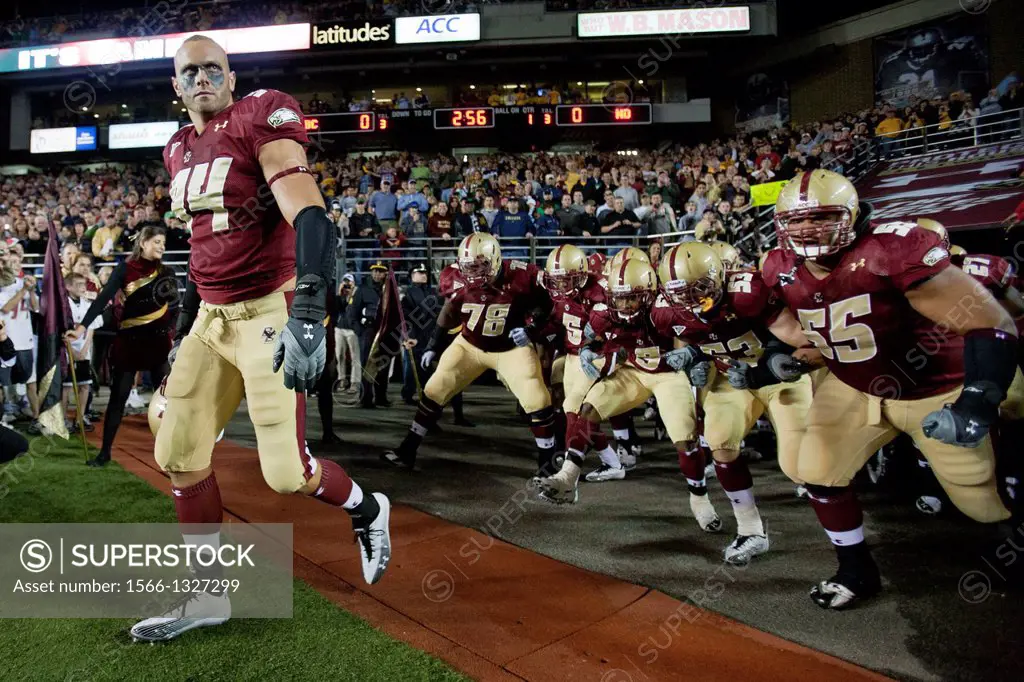 October 2, 2010; Chestnut Hill, MA, USA; Boston College Eagles linebacker Mark Herzlich (94) leads his team on to the field before the game against th...