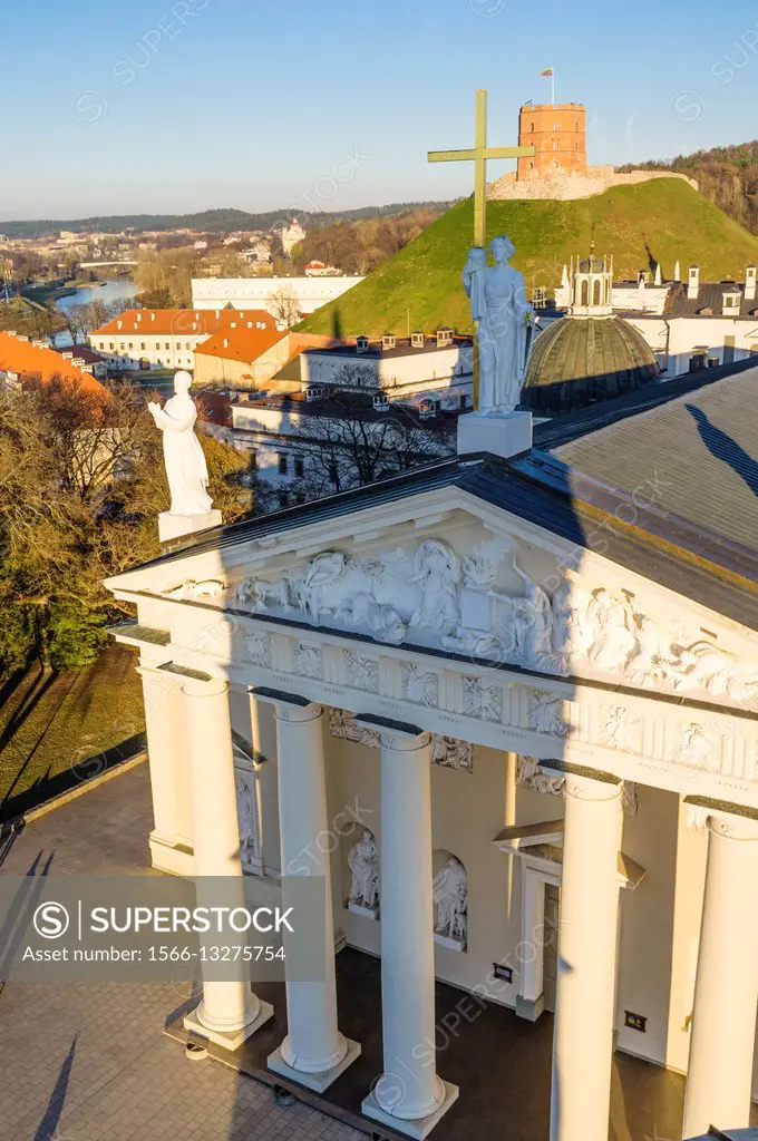 Vilnius Cathedral facade with Gediminas tower in background as seen from the belfry. Vilnius, Lithuania, Europe.