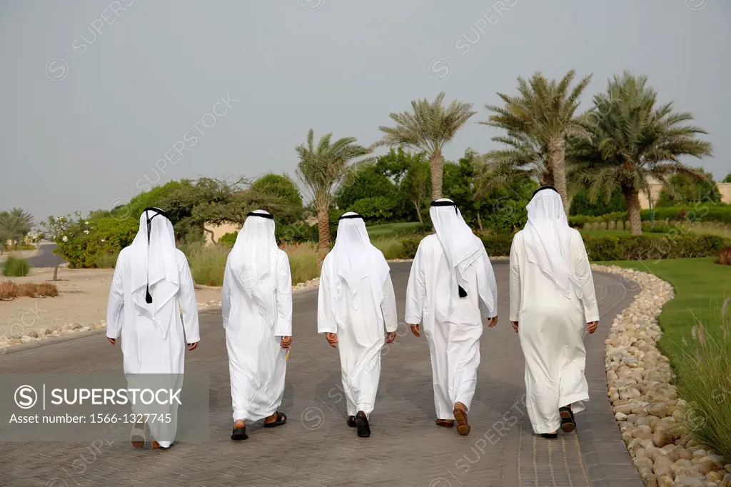 United Arab Emirates (UAE),Abu Dhabi, Sir Bani Yas island, five bearded men in white kandoura dishdash