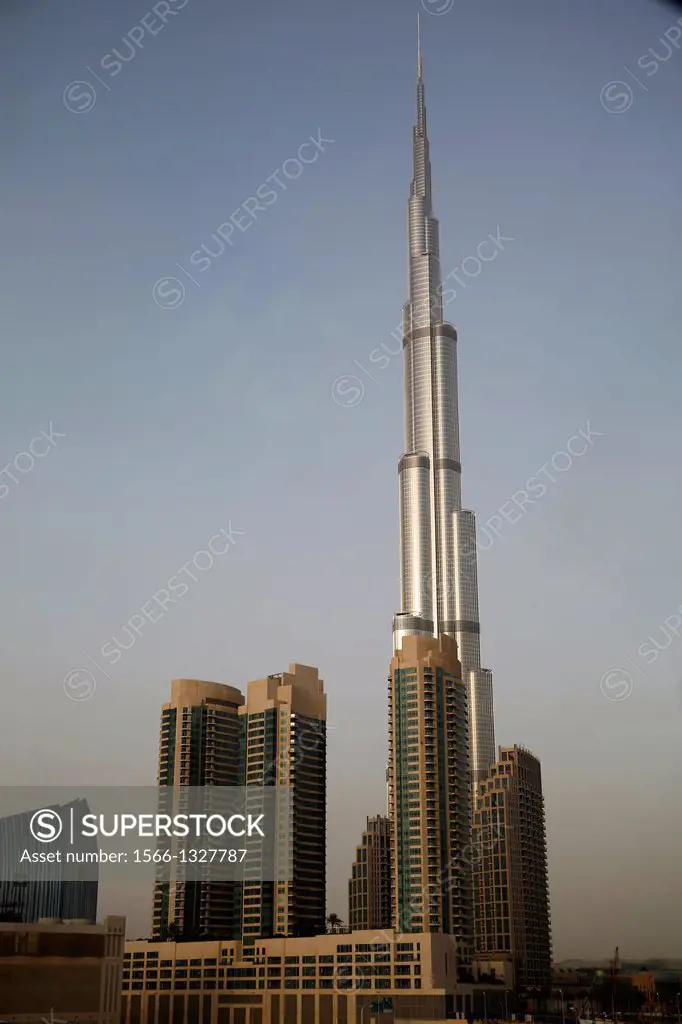 United Arab Emirates (UAE), Dubai, in the sky train (metro), the Burj Khalifa tower at right