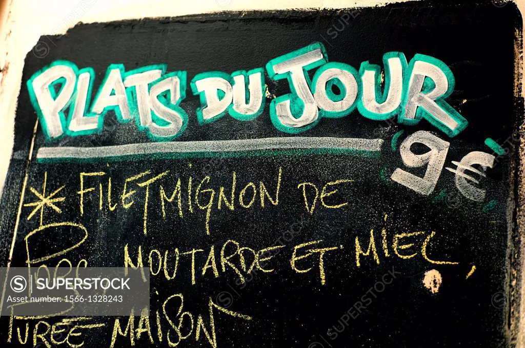 a bistro blackboard announcing the dish of the day, Paris, France, Europe