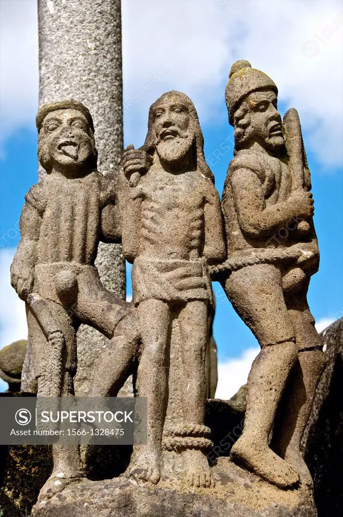Calvary, saint Thegonnec parish enclosure 1610, ( detail ), Scourging of Christ, Leon, Finistere, 29, Brittany, France.