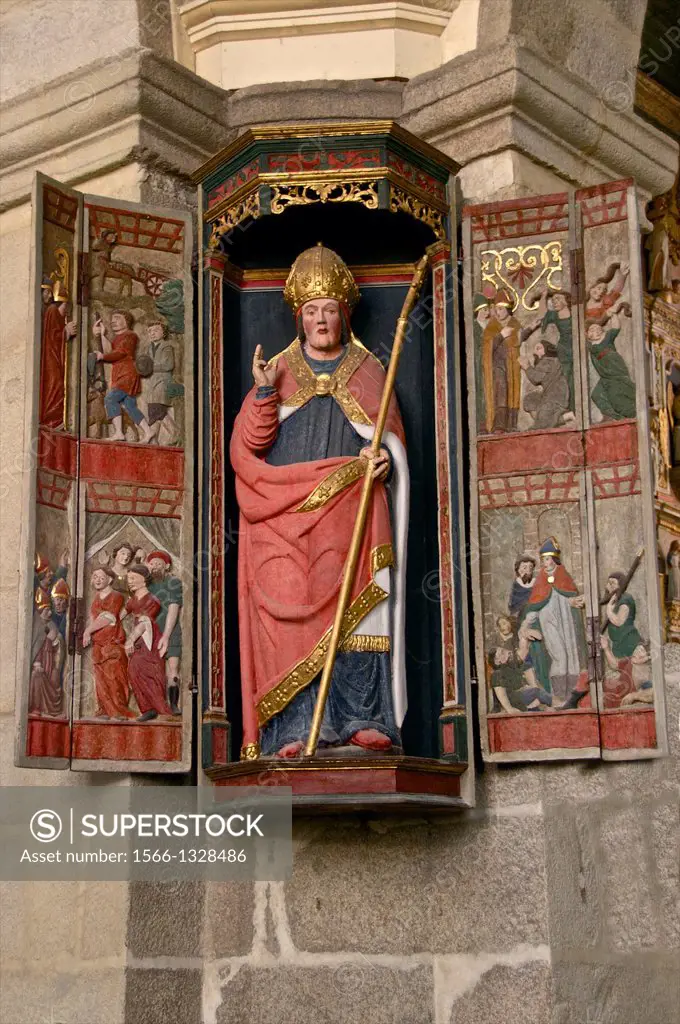 Saint Thegonec, golden wood statue,16th c., Saint Thegonec enclosure, south of Morlaix, Finistere 29 Brittany France.