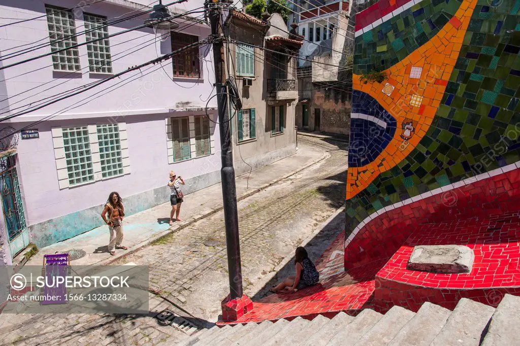 Escalaria Selaron is a popular stairway climbing Morro di Curvela, Lapa district, Rio de Janeiro, Brazil