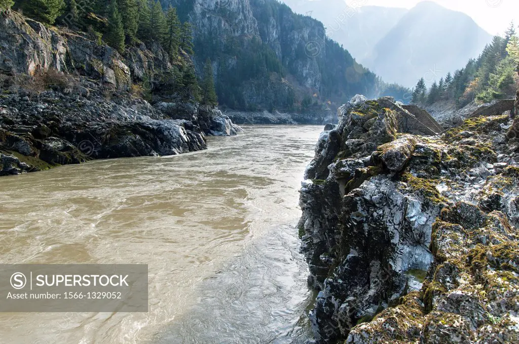 Canada, BC, Fraser Canyon, Yale. The Fraser River rushes through narrows in the Fraser Canyon.