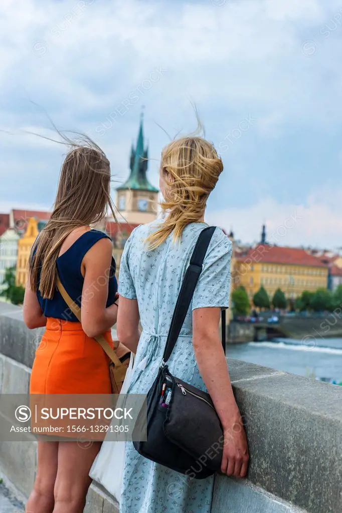 Girls along Charles Bridge, Prague, Czech Republic