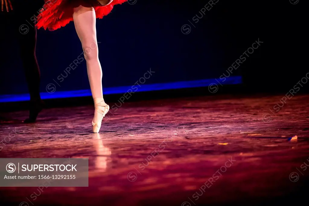 A single leg of a ballerina on toe during a dance performance.