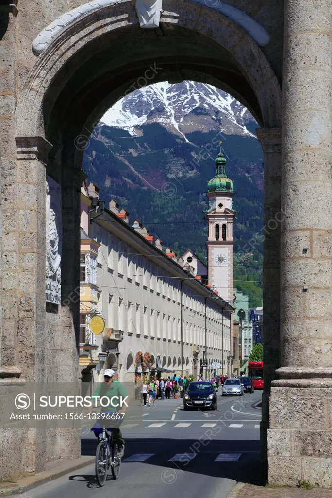 Austria, Tyrol, Innsbruck, Triumphal Arch, Maria-Theresien St, Servite Church,.