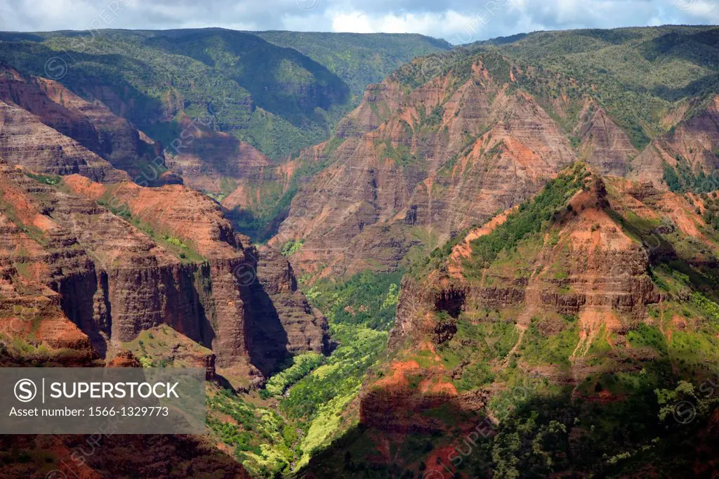 Waimea Canyon, the ""Grand Canyon of the Pacific"", viewed from the official lookout, Kauai, Hawaii, USA.