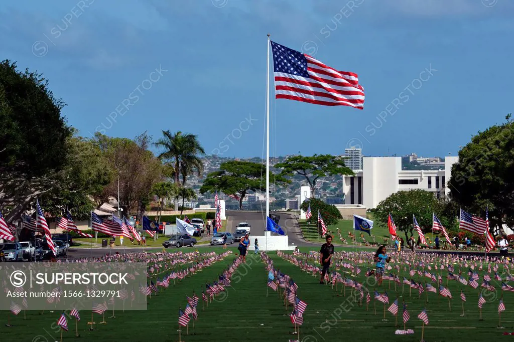 American flag in memory of the veterans, Punchbowl Crater Memorial Cemetery, Honolulu, Hawaii, USA.