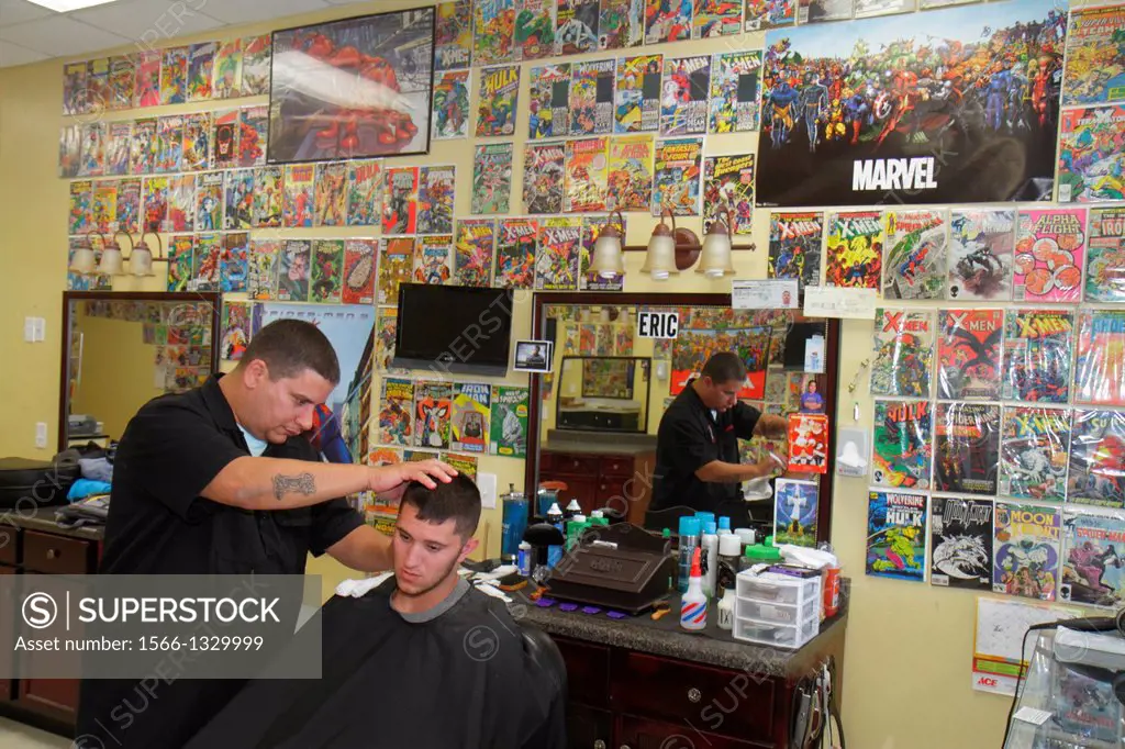Florida, Lithia, Heroes Only Barber Shop, haircut, cutting hair, man, customer, comic books, book covers, collectibles, stylist, men´s, chair,.