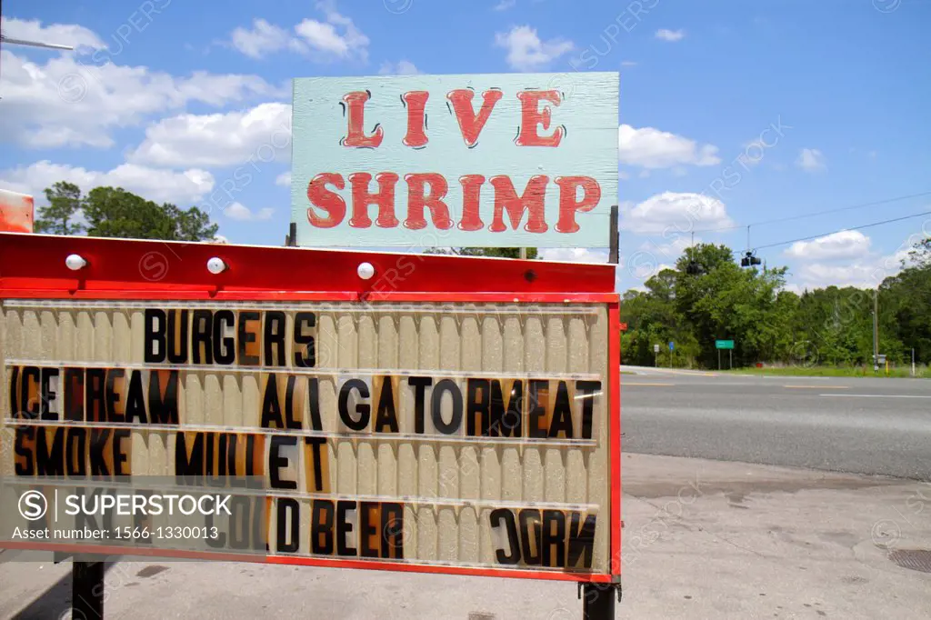 Florida, Otter Creek, Highway Route 98, country general store, business, sign, live shrimp, alligator meat,.