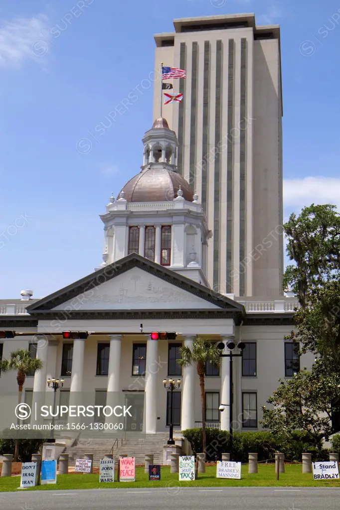Florida, Tallahassee, Florida State Capitol, Historic Old Capitol, Classical Revival, museum, building, live oak trees, Spanish moss, signs, protest, ...