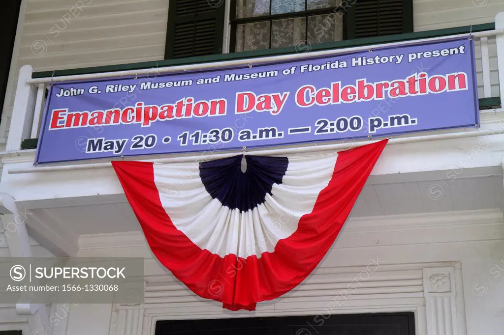 Florida, Tallahassee, John G. Riley Museum of History, front, entrance, banner, Emancipation Day,.