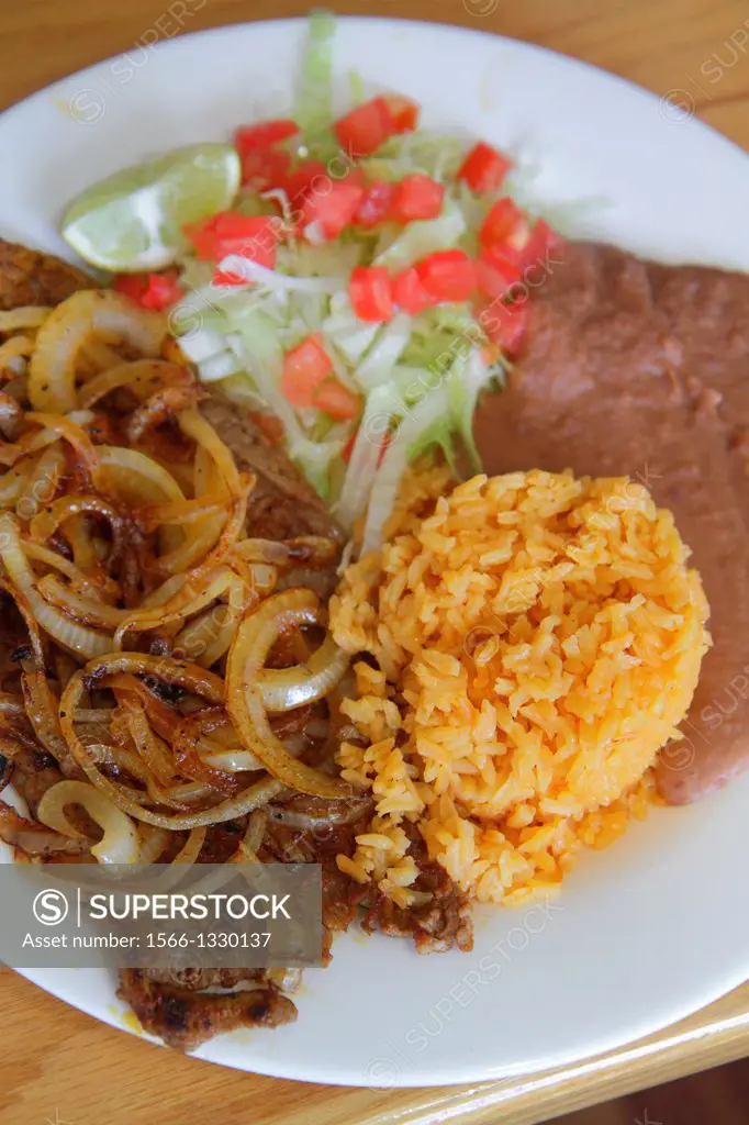 Florida, Immokalee, Mr. Taco Mexican, restaurant, food, onion steak, rice, refried beans,.