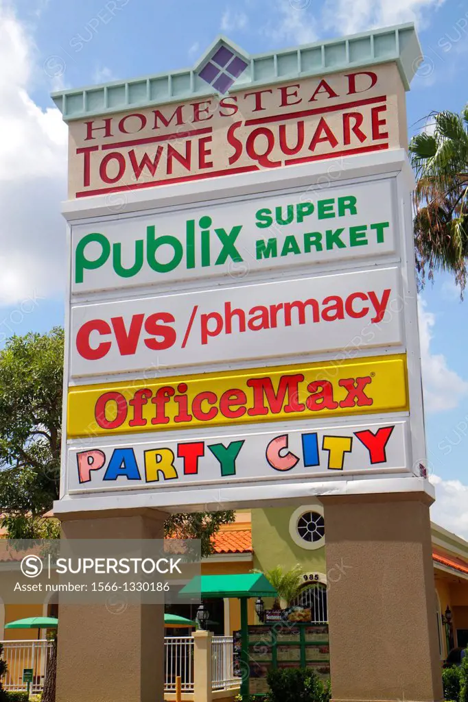 Florida, Miami, Homestead, strip mall, sign, businesses,.