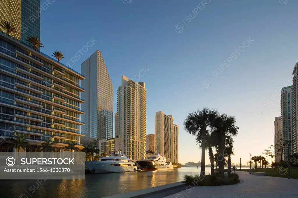 Sunrise on Miami River skyline sunrise, Miami, Florida (Epic Hotel, left; Bayfront & Intercontinental, center), USA