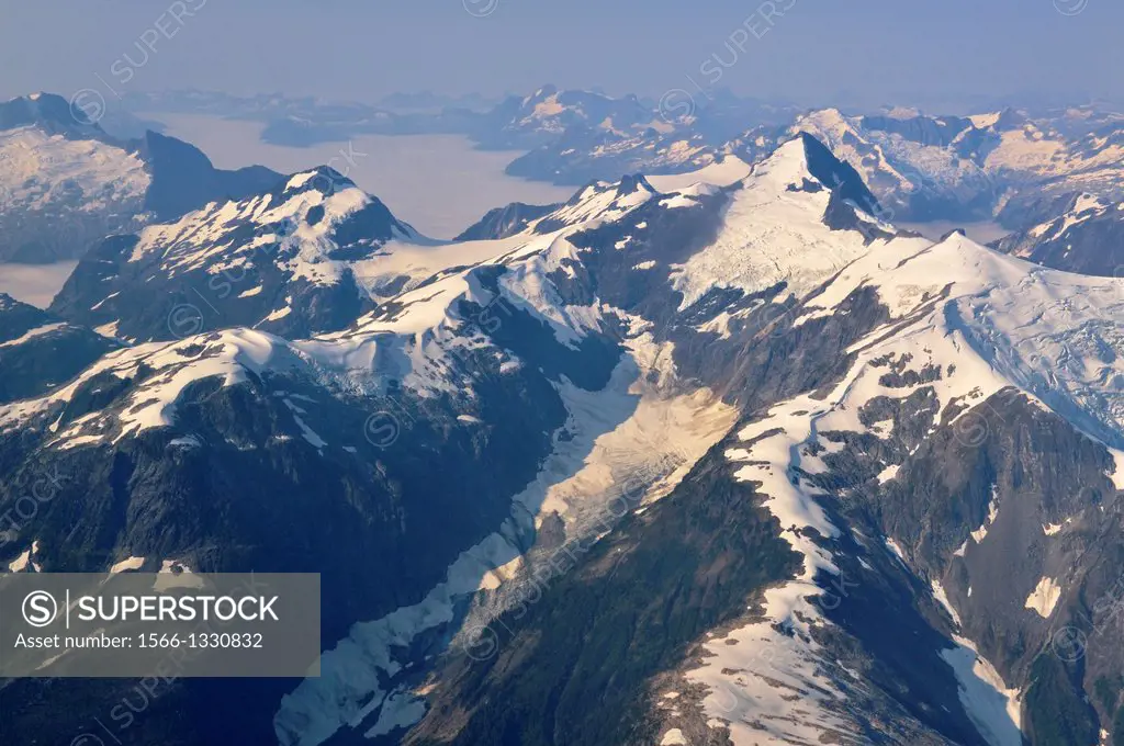 Coastal range mountains with snow and ice fields, Vancouver to Chilko Lake, British Columbia, Canada.